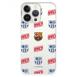 Funda para iPhone 13 Pro del Barcelona Escudo Patron Rojo y Azul Transparente - Licencia Oficial FC Barcelona