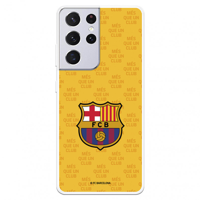 FC Barcelona Hülle für Samsung Galaxy S21 Ultra „Mes que un Club“ Wappen Gelber Hintergrund – FC Barcelona Offizielle Lizenz