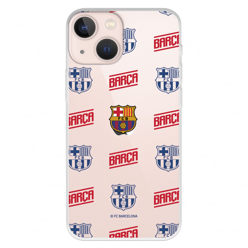 Funda para iPhone 13 Mini del Barcelona Escudo Patron Rojo y Azul Transparente - Licencia Oficial FC Barcelona